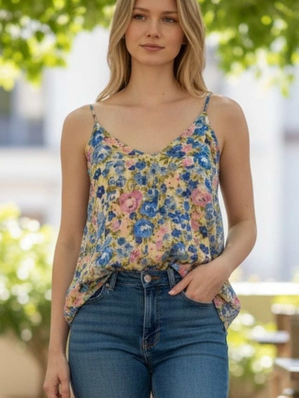Women's Umgee Floral Camisole M Blue Green Lightweight Chic